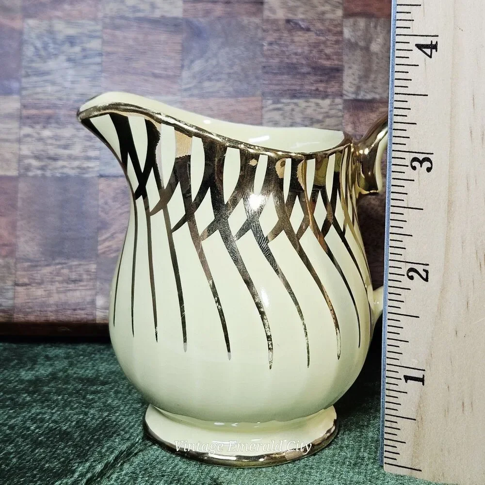 Vtg Sadler China England Milk Creamer Pitcher Yellow & 14K Gold Rim Swirl 1950